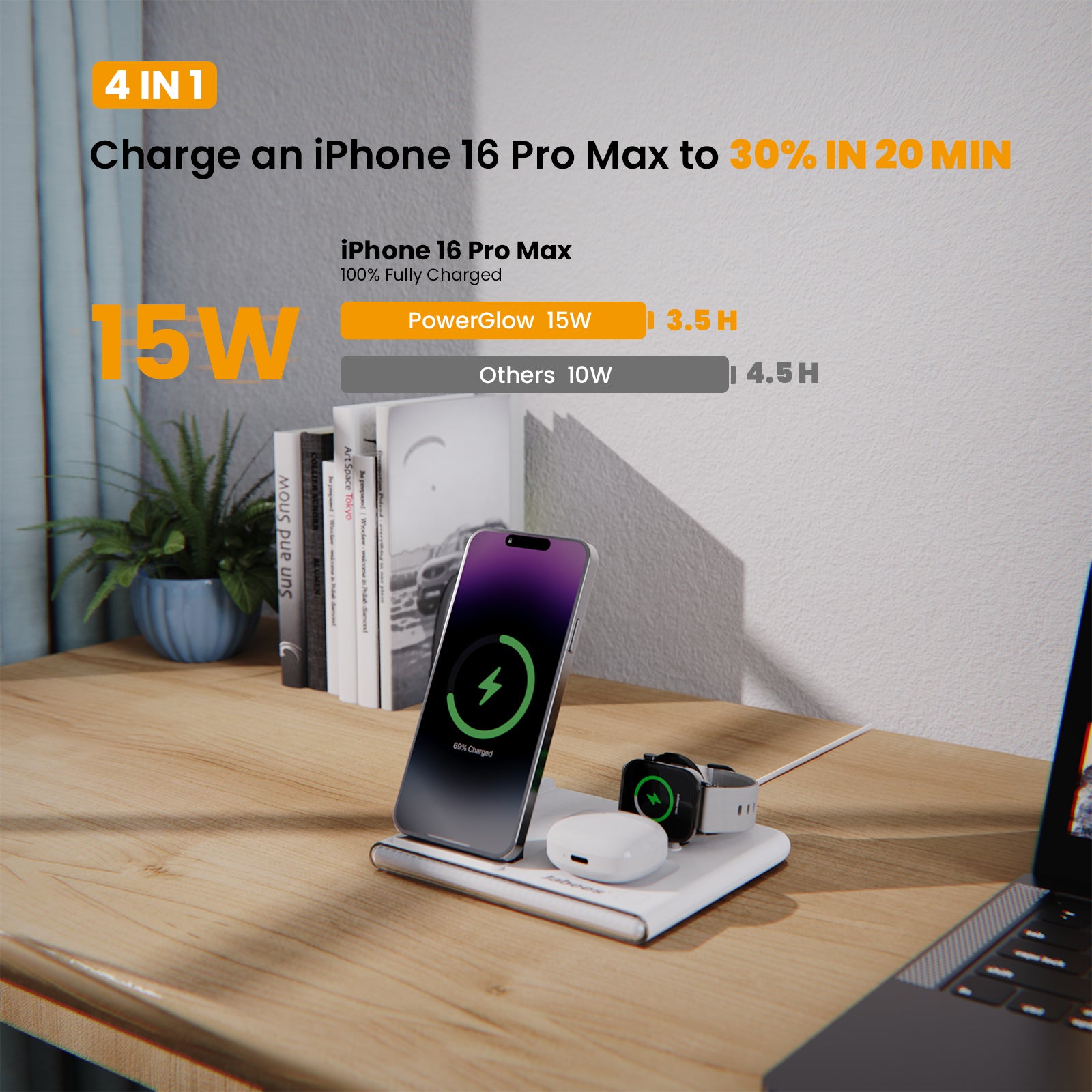 PowerGlow - Jabees PowerGlow 4-In-1 Foldable Wireless Charging Station with LED Night Light