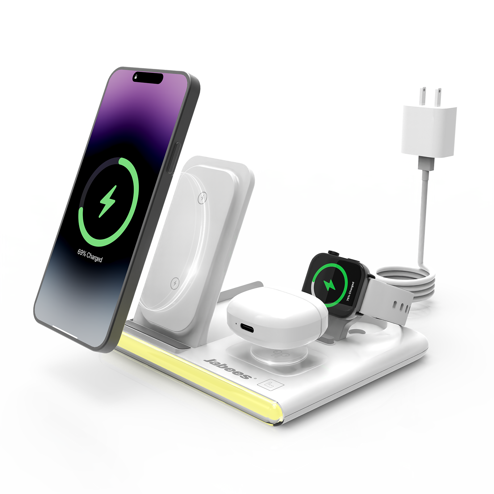 PowerGlow - Jabees PowerGlow 4-In-1 Foldable Wireless Charging Station with LED Night Light