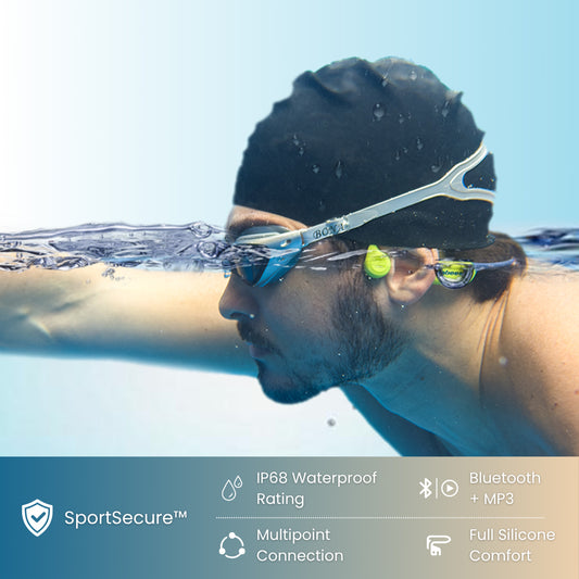 Jabees 7Seven waterproof headphones – swimmer in pool lifestyle photo