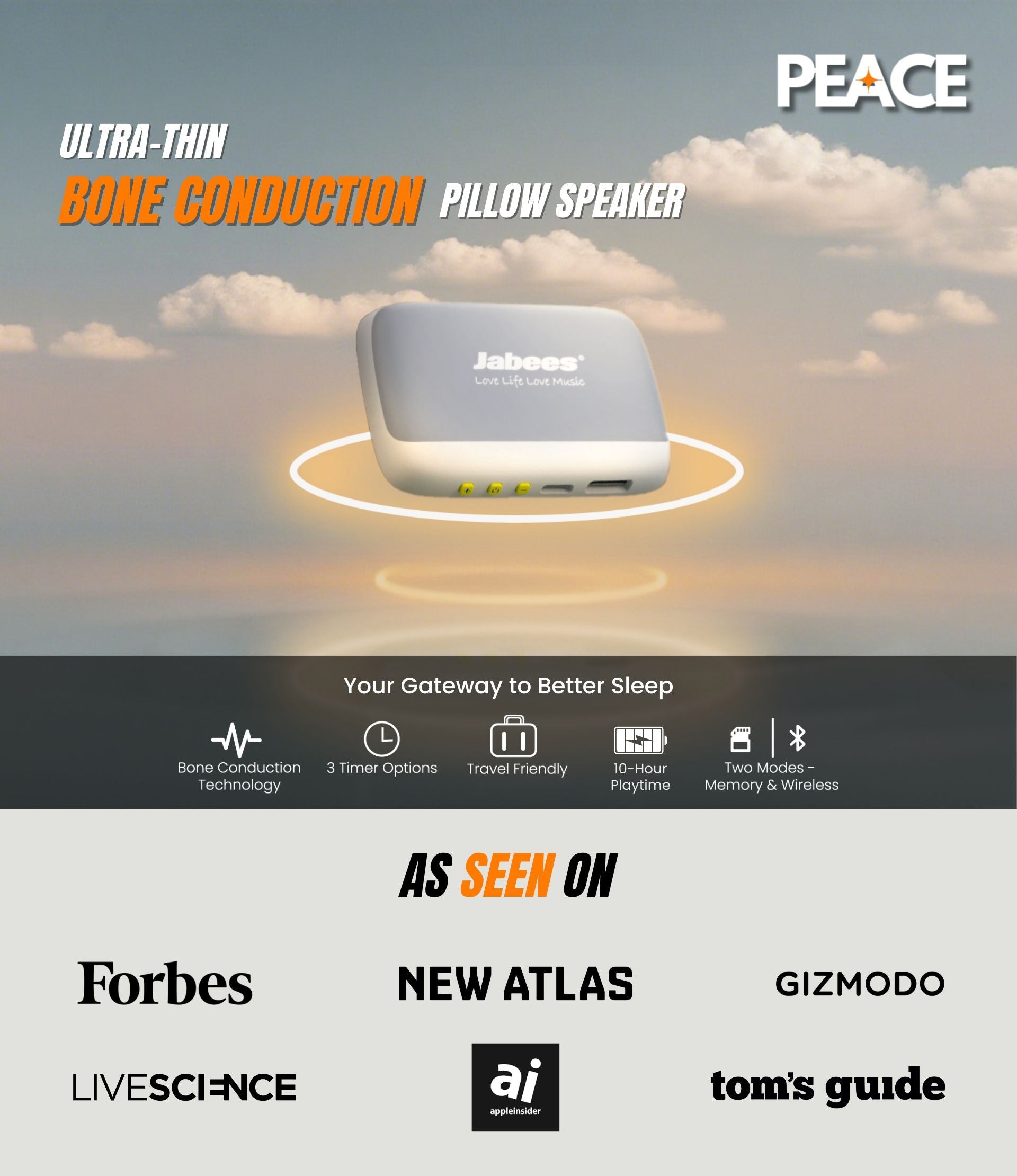 PEACE bluetooth wireless pillow speaker featuring bone conduction technology to stream nature sounds audio book sleep music to help you fall asleep quicker.