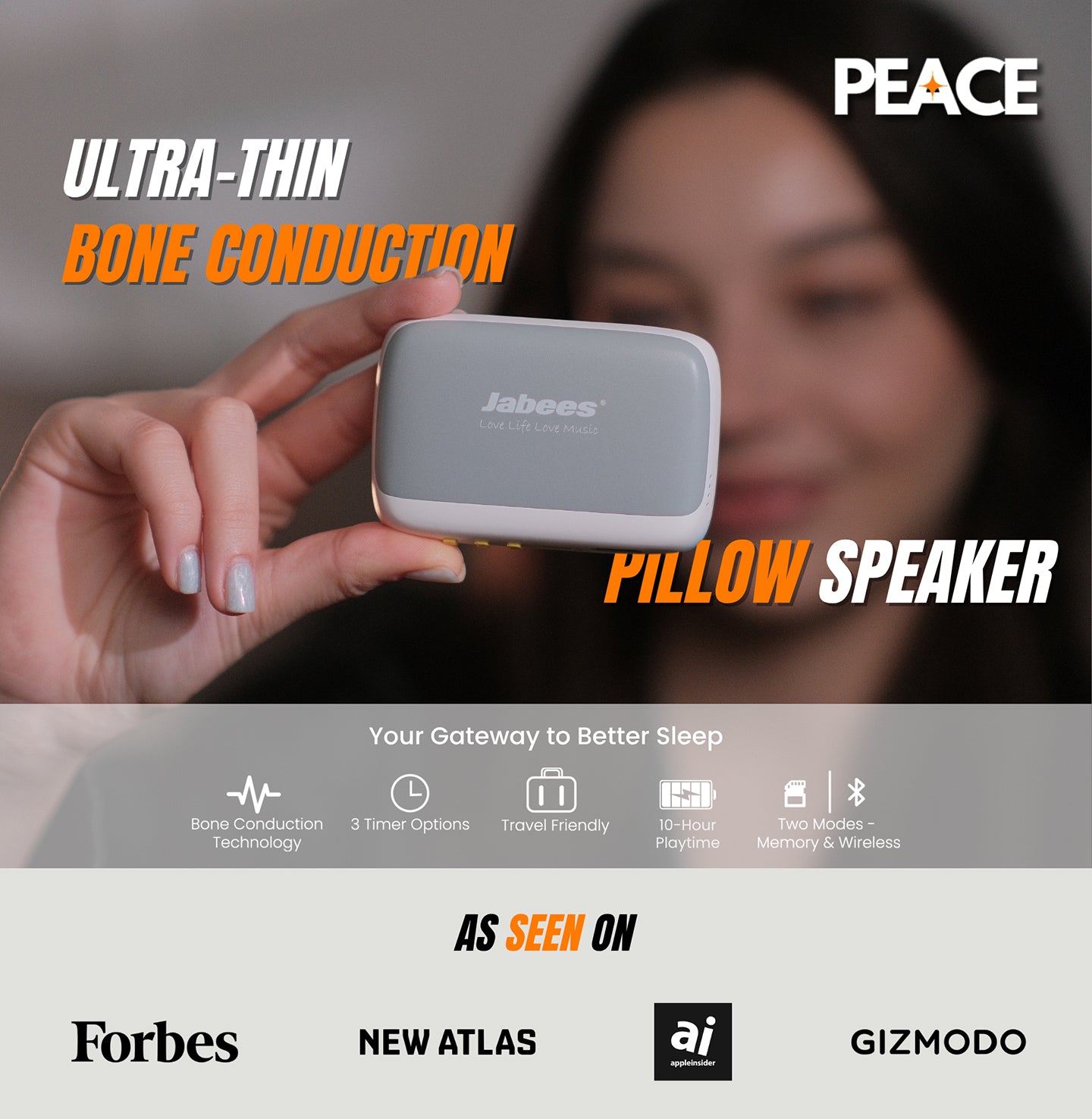PEACE bluetooth wireless pillow speaker featuring bone conduction technology to stream nature sounds audio book sleep music to help you fall asleep quicker.