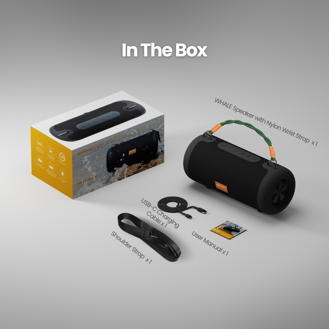 WHALE with Nylon Strap – Bluetooth IPX7 Waterproof Portable Outdoor Speaker with 30W Stereo Sound and USB Charge Out
