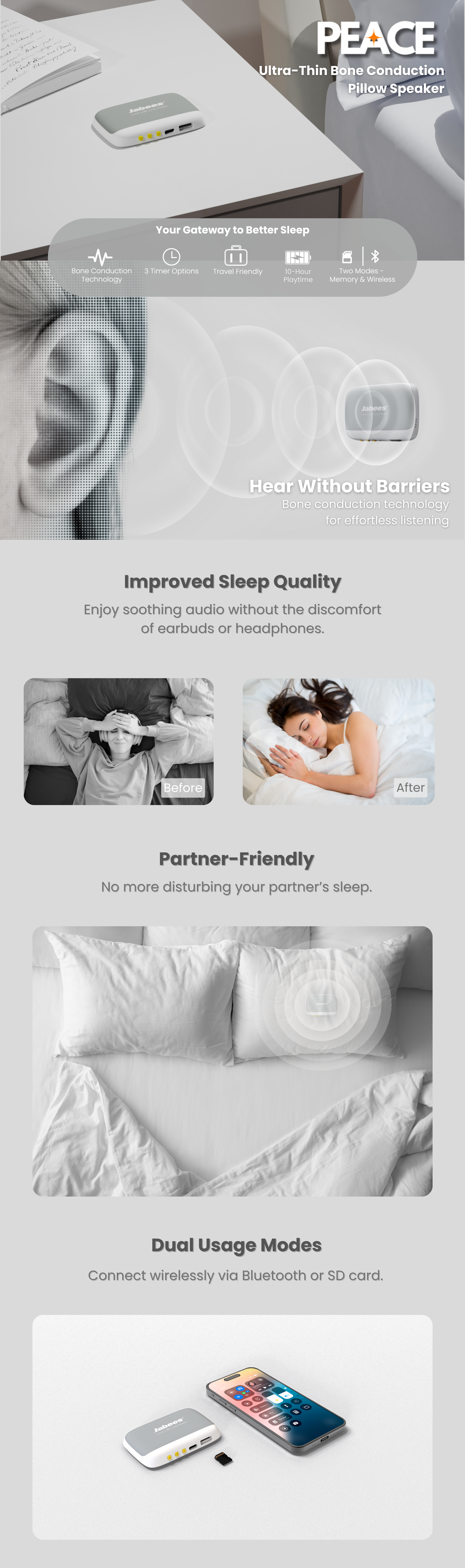 PEACE bluetooth wireless pillow speaker featuring bone conduction technology to stream nature sounds audio book sleep music to help you fall asleep quicker.