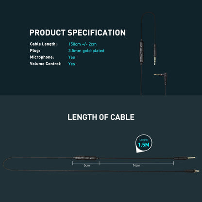 AUC102 - Aux Cord 3.5mm with Mic and Volume Control, 1.5m/4.9ft Health Care Jabees Store 